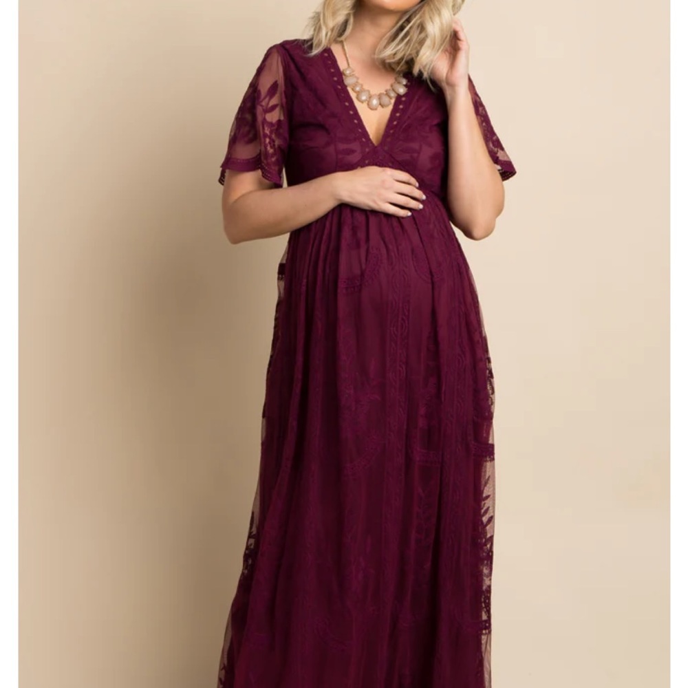 Burgundy Lace Mesh Overlay Maternity Maxi Dress